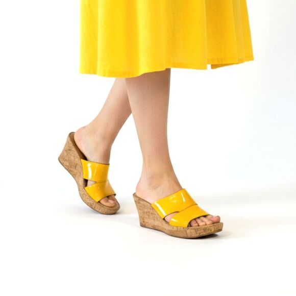 Born Shoes - Born Zefira Size 8 Yellow Patent Leather Cork Slide Platform Boho Wedge
